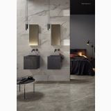 Gresie Orobico Grey Lucios Periat 60x120 cm – ambient baie, baie moderna cu doua lavoare negre si dormitor adiacent, pe pardoseala