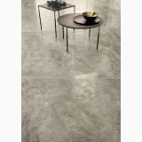 Lastra Gresie Orobico Grey Lucios 120x280x0,6 cm – ambient living, pardoseala gri marmorata cu mese negre design modern