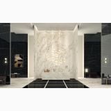Gresie Sahara Noir Lucios Periat 60x120 cm – ambient comercial, lobby elegant cu marmura alba, pardoseala neagra lucioasa, pe pardoseala si perete