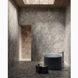 Gresie Portelanata Invisible Grey Mat 60x120 cm – ambient baie, baie minimalista cu cada freestanding si pereti marmurati, pe pardoseala si perete