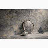 Gresie Portelanata Invisible Grey Mat 60x60 cm – ambient, decor cu scoica, cerc lemn si barcuta origami, pe pardoseala si perete