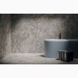 Gresie Portelanata Invisible Grey Mat 120x120 cm – ambient baie, baie moderna cu cada freestanding si perete gresie gri