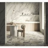 Gresie Decor Portelanata HME Blended Marmura Mix Mat 60x120 cm – ambient bucatarie, bucatarie cu masa rotunda, blat marmura si pardoseala mix