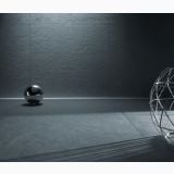 Gresie Argilla Marine 60x60X1.2 cm – ambient, camera gri intunecata cu sfera metalica si sculptura fir, pe pardoseala si perete