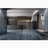 Gresie Blu Saint Laurent Lucios 120x120 cm – ambient comercial, receptie eleganta cu pardoseala marmorata albastra lucioasa, pe pardoseala si perete
