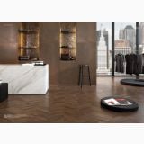 Gresie Metaline Corten Mat 120x120 cm – ambient comercial, magazin haine cu perete corten si vitrina cu geam