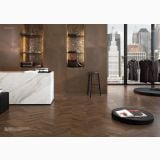 Gresie Metaline Corten Mat 30x60 cm – ambient comercial, showroom fashion cu perete corten si pardoseala inchisa