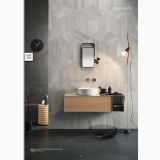 Gresie Metaline Iron mat 80x80 cm – ambient baie, baie moderna cu lavoar suspendat si pereti gri texturati, pe pardoseala si perete