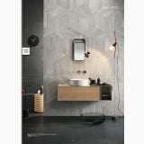 Gresie Metaline Iron Mat 60x60 cm – ambient baie, baie moderna cu perete gri geometric si pardoseala neagra