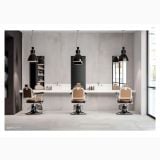 Gresie Metaline Steel Mat 30x60 cm – ambient comercial, salon frizerie cu scaune barber, pardoseala gri mata