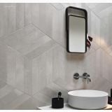 Gresie Metaline Steel Mat 30x60 cm – ambient baie, baie moderna cu placi gri sah, oglinda neagra, lavoar rotund, pe perete