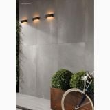 Gresie Metaline Zinc Mat 120x280x0,6 cm – ambient exterior, perete exterior gri cu aplice, plante si bicicleta