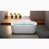 Cada Freestanding Aquaestil Metauro Central 80x180 cm – ambient baie, cada freestanding alba cu apa, platforma lemn, vaze decorative