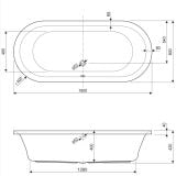 Cada Freestanding Aquaestil Metauro Central 80x180 cm – schita tehnica, desen tehnic cu dimensiuni vedere de sus si lateral