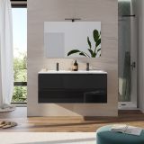 Set Mobilier Baie Suspendat Negru 120 cm – ambient baie, baie moderna cu mobilier negru suspendat si oglinda mare, pe perete