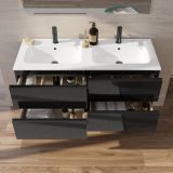Set Mobilier Baie Suspendat Negru 120 cm – ambient baie, mobilier suspendat negru cu sertare deschise si lavoar dublu, pe perete