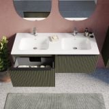 Set Mobilier Dublu Baie Riflat Suspendat L.120 cm – ambient baie, mobilier baie verde riflat cu doua lavoare si sertar deschis, pe perete