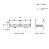 Set Mobilier Dublu Baie Riflat Suspendat L.120 cm – schita tehnica, desen tehnic cu dimensiuni, vedere posterioara si laterala