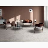 Gresie Atlantis Moon Mat 120x120 cm – ambient living, living modern cu canapea gri si pardoseala gresie mata