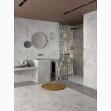 Gresie Atlantis Moon Mat 120x120 cm – ambient baie, baie moderna gri cu lavoar suspendat si cabina dus, pe pardoseala
