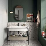Gresie Decorata Play Drops Multiwhite 20x20 cm – ambient baie, baie cu lavoar suspendat, oglinda ovala si plante verzi, pe pardoseala