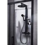 Coloana de dus Negru cu termostat Ideal Standard Ceratherm Alu+ – ambient baie, coloana dus neagra montata pe cabina sticla, pe perete