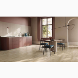 Gresie Imitatie Lemn Essence Natural Mat 20x120 cm – ambient bucatarie, bucatarie moderna cu masa rotunda si scaune albastre, pe pardoseala