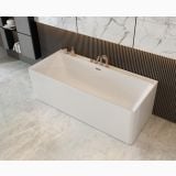 Cada Freestanding Rectangulara Nirvana 170x80 cm – ambient baie, cada freestanding alba, pardoseala marmura, perete striat maro