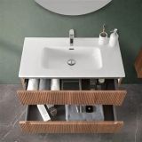 Mobilier Baie Easy Cannettato Noce Gold cu doua sertare L.90 cm – ambient baie, mobilier baie cu sertare deschise, lavoar alb, accesorii