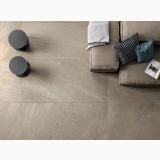 Gresie Nordic Stone Danimarca Mat 30x60 cm – ambient living, canapea taupe cu perne, vedere de sus pardoseala gresie