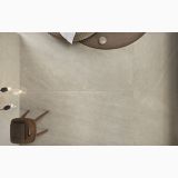 Gresie Nordic Stone Islanda Mat 60x120 cm – ambient living, vedere de sus pardoseala gresie cu scaun lemn si taburet