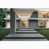 Gresie Italgraniti Nuances Antracite 60x120 – ambient exterior, treptele si terasa unei case moderne cu gradina, pe pardoseala