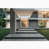 Gresie de Exterior Nuances Antracite 80x80x2 cm – ambient exterior, terasa moderna gri cu trepte spre casa, gazon verde, pe pardoseala