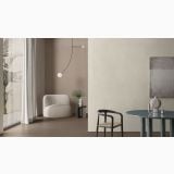 Gresie Nuances Avorio 120x120 – ambient living, living minimalist cu pardoseala gresie mata, fotoliu si masa
