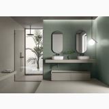 Gresie Nuances Tortora 120x120 – ambient baie, baie moderna cu doua lavoare si perete verde, pe pardoseala