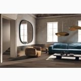 Gresie Imitatie Lemn Poetry Wood Oak 30x120 cm – ambient living, living modern cu canapea albastra si oglinda ovala, pe pardoseala