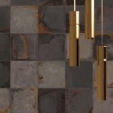 Gresie Decorata Play Oxide Bronze 20x20 cm – ambient, perete gresie oxidata cu pandantive suspendate aurii