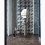 Gresie Portelanata Dimore DI 9 Marrone Imperiale 20x20 cm – ambient baie, baie eleganta cu lavoar plisat si perete mozaic geometric, pe pardoseala