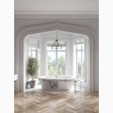 Baterie stativa incastrata cada/dus FDesign Lacrima Crom – ambient baie, baie eleganta cu cada freestanding si pardoseala lemn