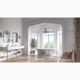 Baterie stativa incastrata cada/dus FDesign Lacrima Crom – ambient baie, baie eleganta cu cada freestanding si fereastra mare, pe perete