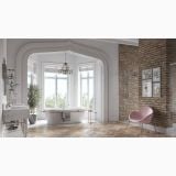 Coloana de dus cu baterie dus FDesign Lacrima Crom – ambient baie, baie eleganta cu cada freestanding si perete caramida