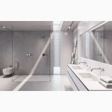 Baterie incastrata lavoar FDesign Flusso Crom – ambient baie, baie moderna alba cu dus si baterii perete cromate