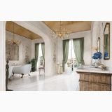 Baterie stativa lavoar FDesign Lacrima Bronz Periat – ambient baie, baie eleganta cu cada freestanding si candelabre aurii, pe pardoseala si perete