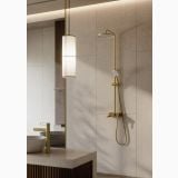 Baterie stativa lavoar inalta FDesign Zaffiro Auriu Periat – ambient baie, baie moderna cu baterie stativa aurie pe lavoar, pe perete