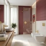 Baterie stativa lavoar FDesign Zaffiro Auriu Periat – ambient baie, baie moderna cu faianta bordo si accesorii aurii, pe perete
