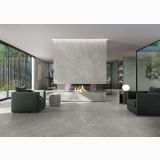 Gresie Origins Silver Mat 60x120 cm – ambient living, living modern cu semineu, canapele verzi si pardoseala gri