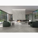 Gresie Origins Silver Mat 80x160 cm – ambient living, living modern cu semineu, canapele verzi si pardoseala gri