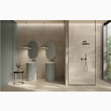 Gresie Origins Taupe Mat 80x80 cm – ambient baie, baie moderna cu doua lavoare, dus si pereti striati, pe pardoseala