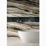 Lastra Gresie Oyster Gold Lucios 120x280 cm – ambient baie, baie moderna cu cada freestanding si perete marmorat