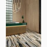 Lastra Gresie Oyster Gold Lucios 120x280 cm – ambient comercial, receptie eleganta cu pardoseala marmorata si perete lemn